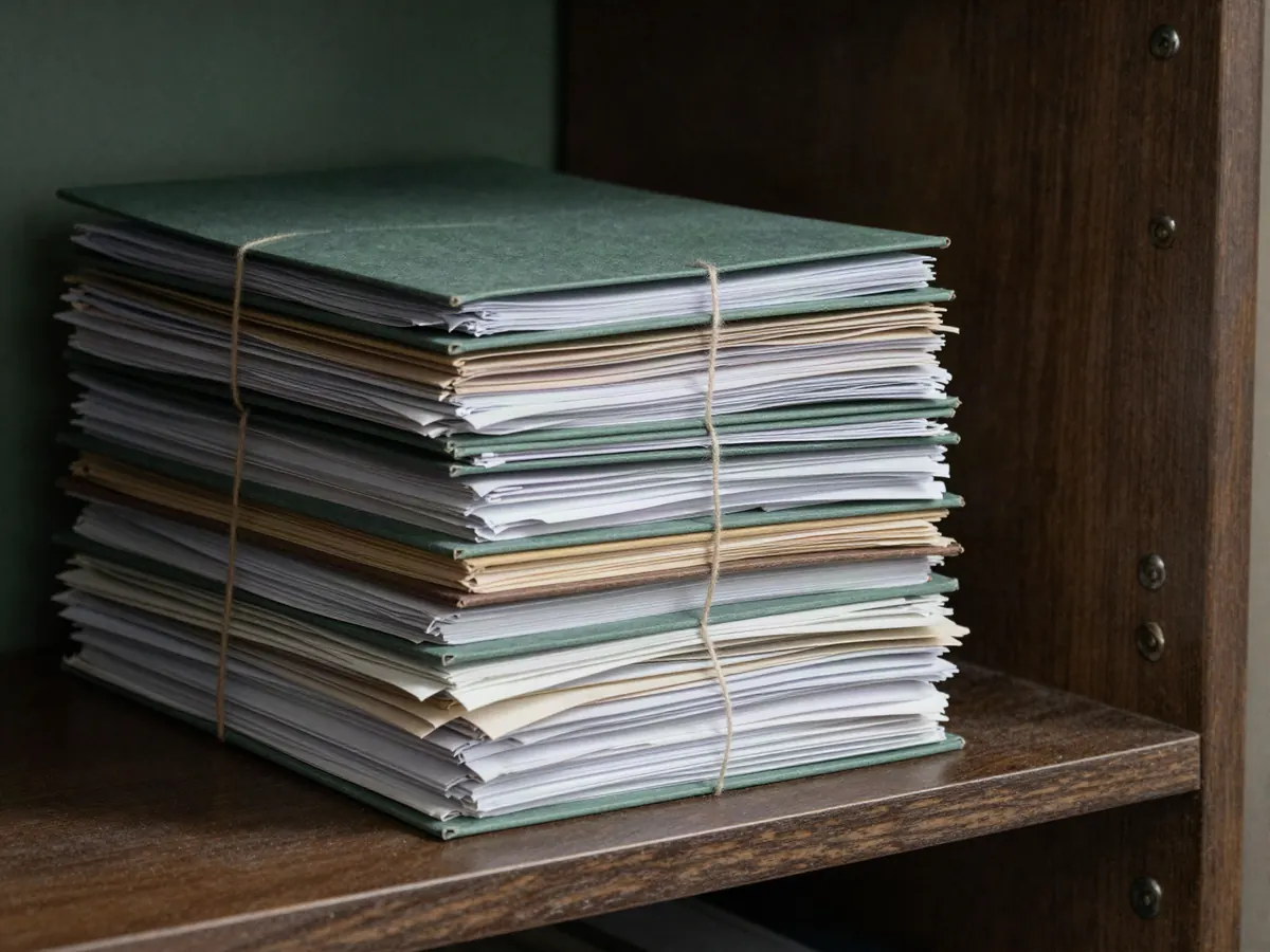 Expedientes atados y carpetas antiguas apiladas en un estante de madera.