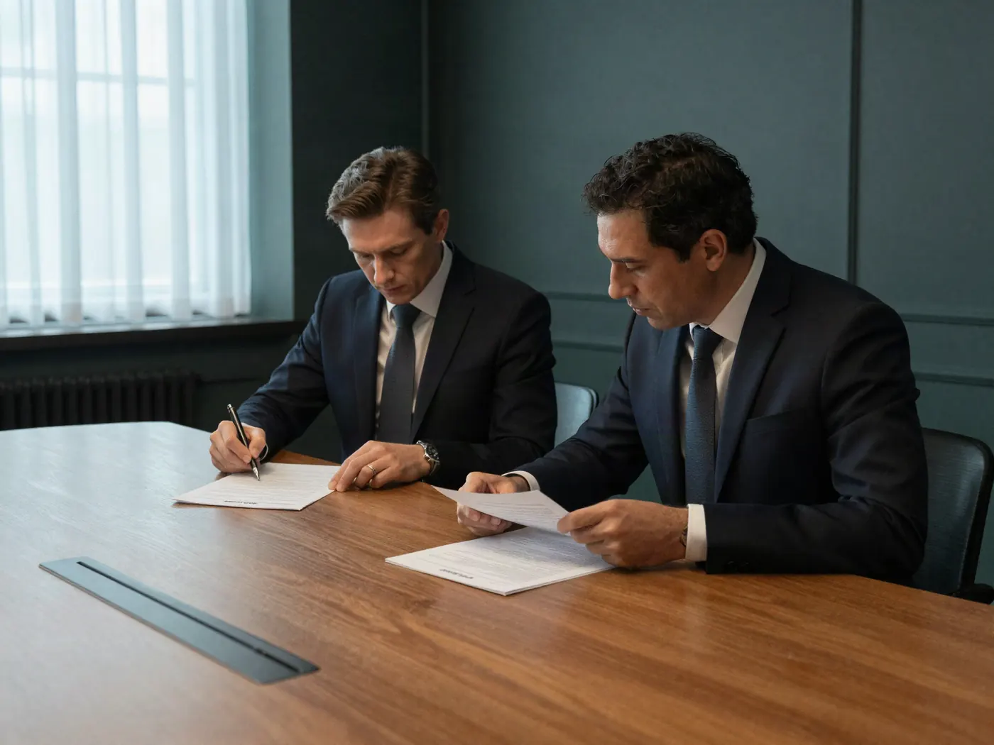Dos profesionales revisando documentación sobre una mesa de reuniones de madera.