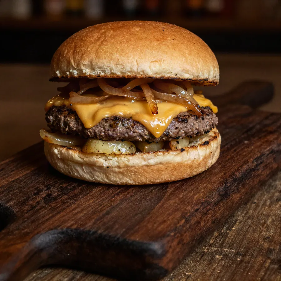 Hamburguesa doble con queso fundido en pan de papa.