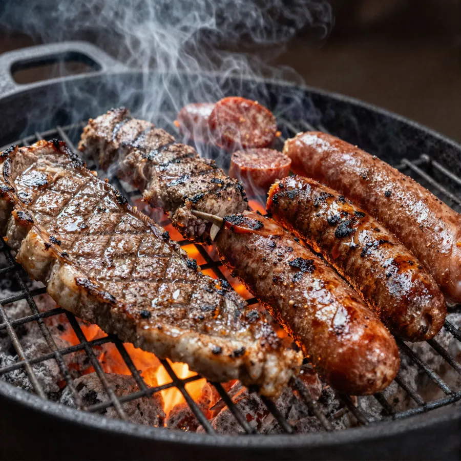 Cortes de carne y chorizo sobre la parrilla con las brasas encendidas.