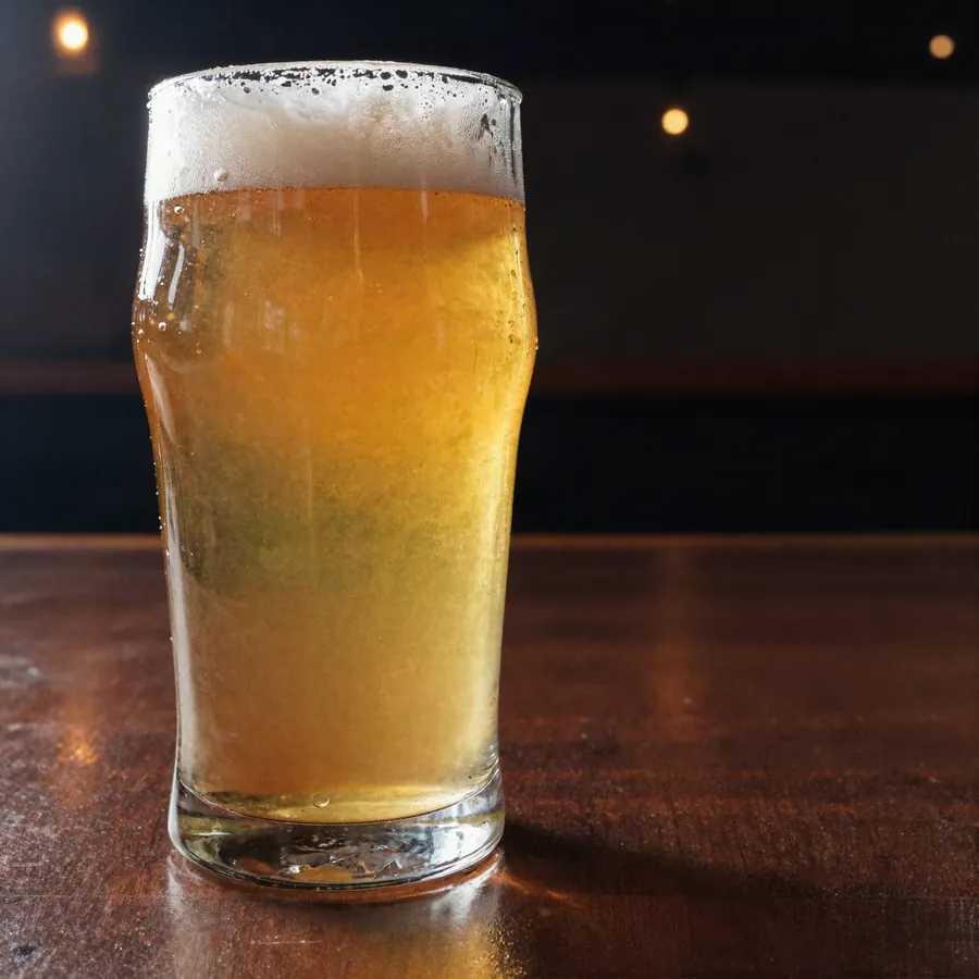 Pinta de cerveza rubia recién tirada sobre la barra de madera.